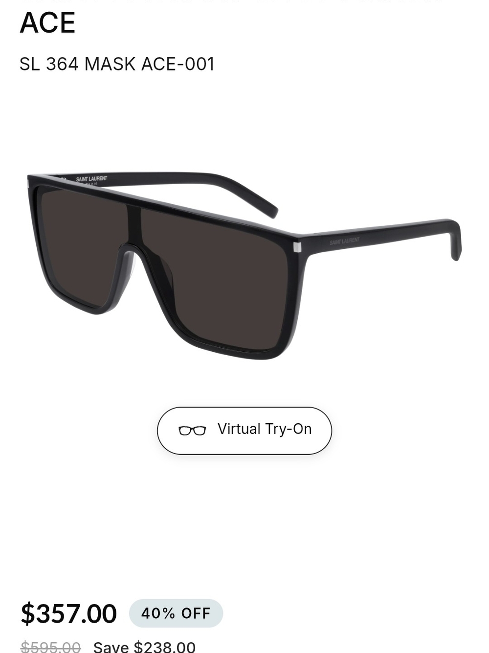 Saint Laurent SL 364 Mask Ace Sunglasses in Black - Picture 3 of 3